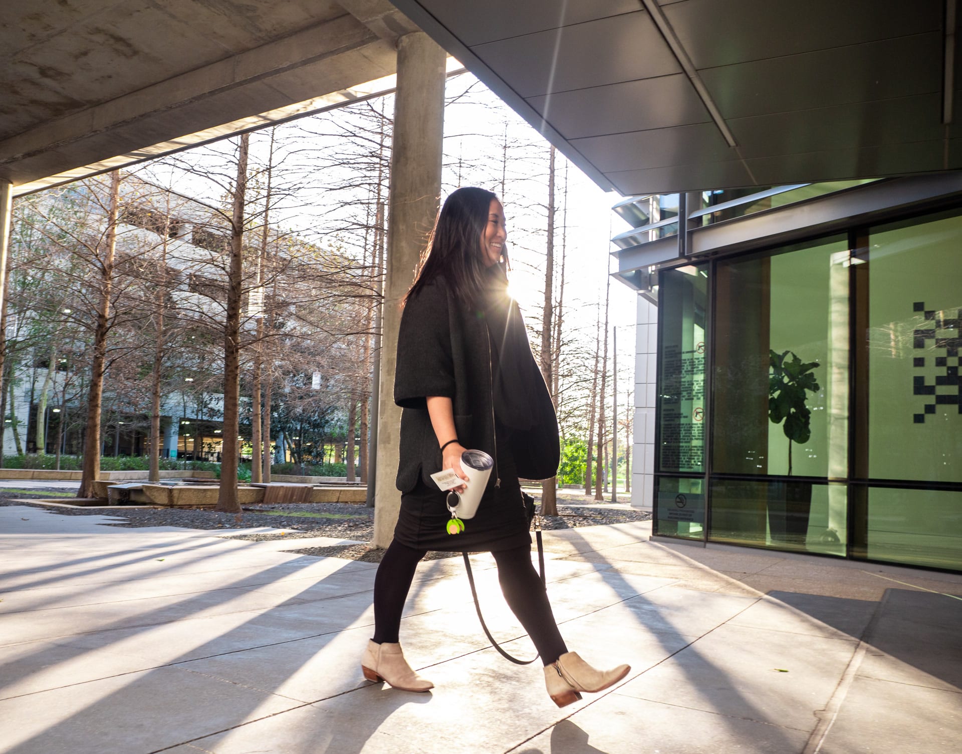 Corporate campus walkway at golden hour