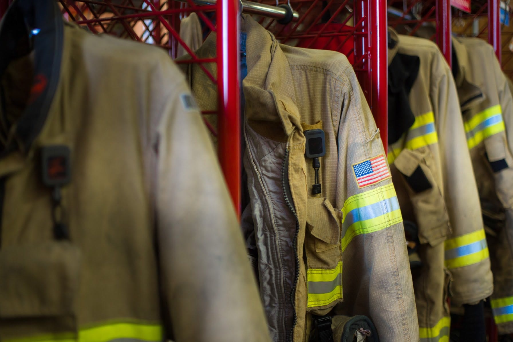 Fire gear rack with American flag patch