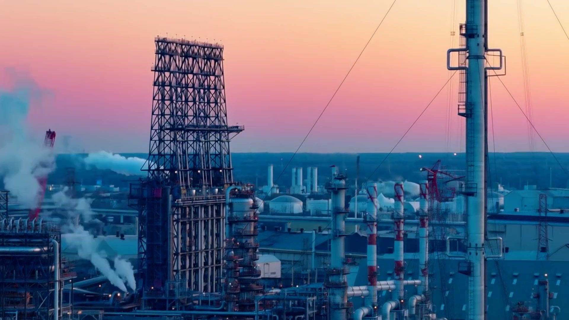 Refinery skyline with pink sunset and steam